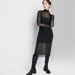 Black Long Sleeve Mesh Rhinestone Midi Dress